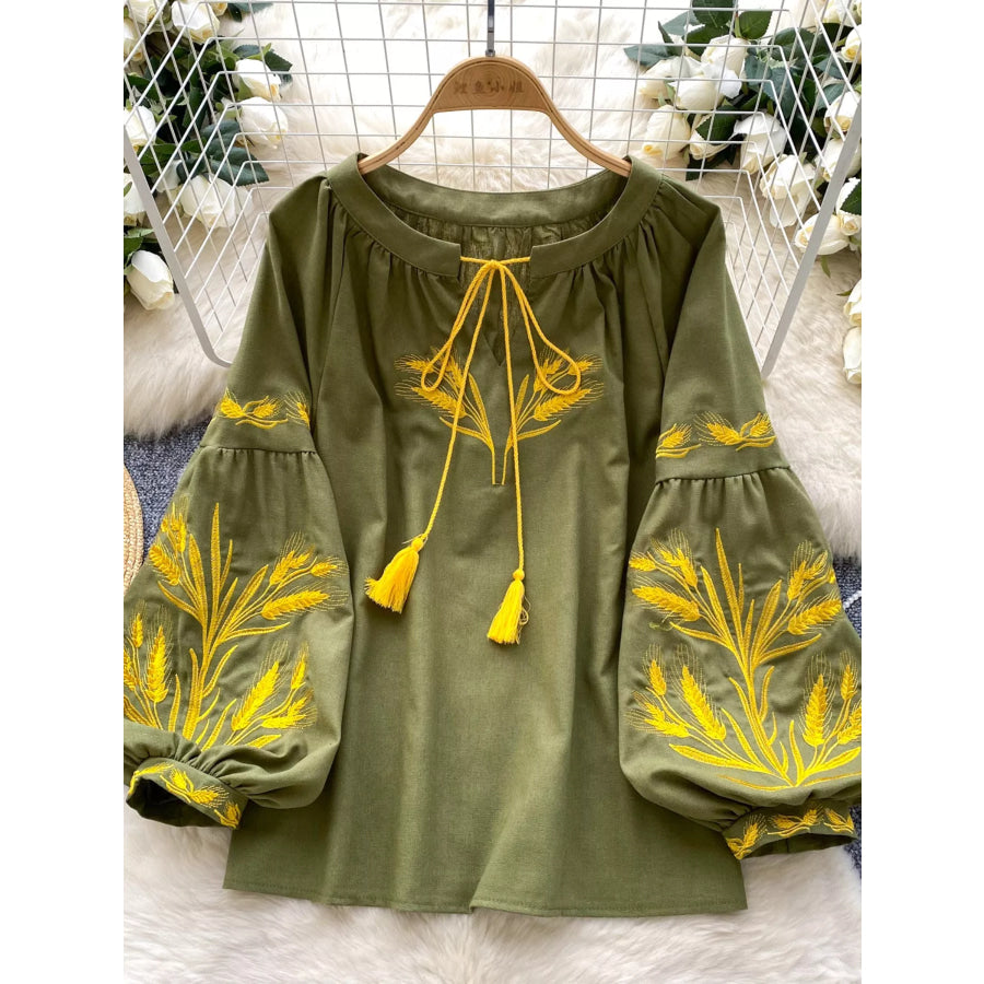Embroidered Wheat Pattern Tie Neck Blouse Green / One Size Apparel and Accessories