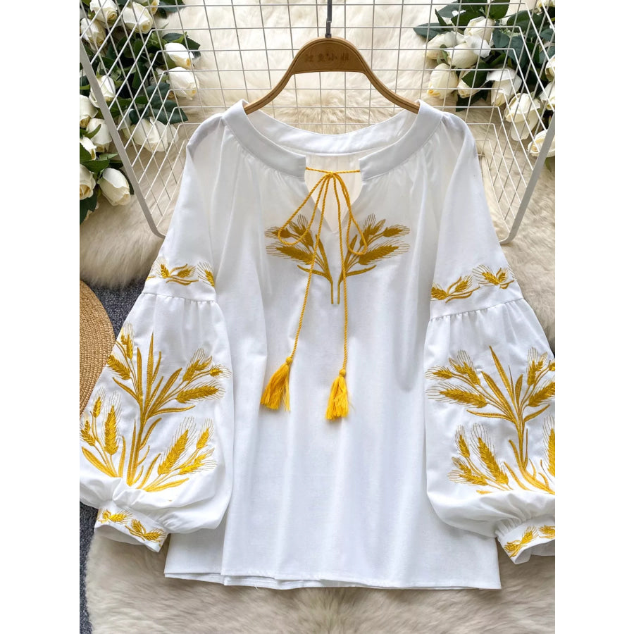 Embroidered Wheat Pattern Tie Neck Blouse White / One Size Apparel and Accessories