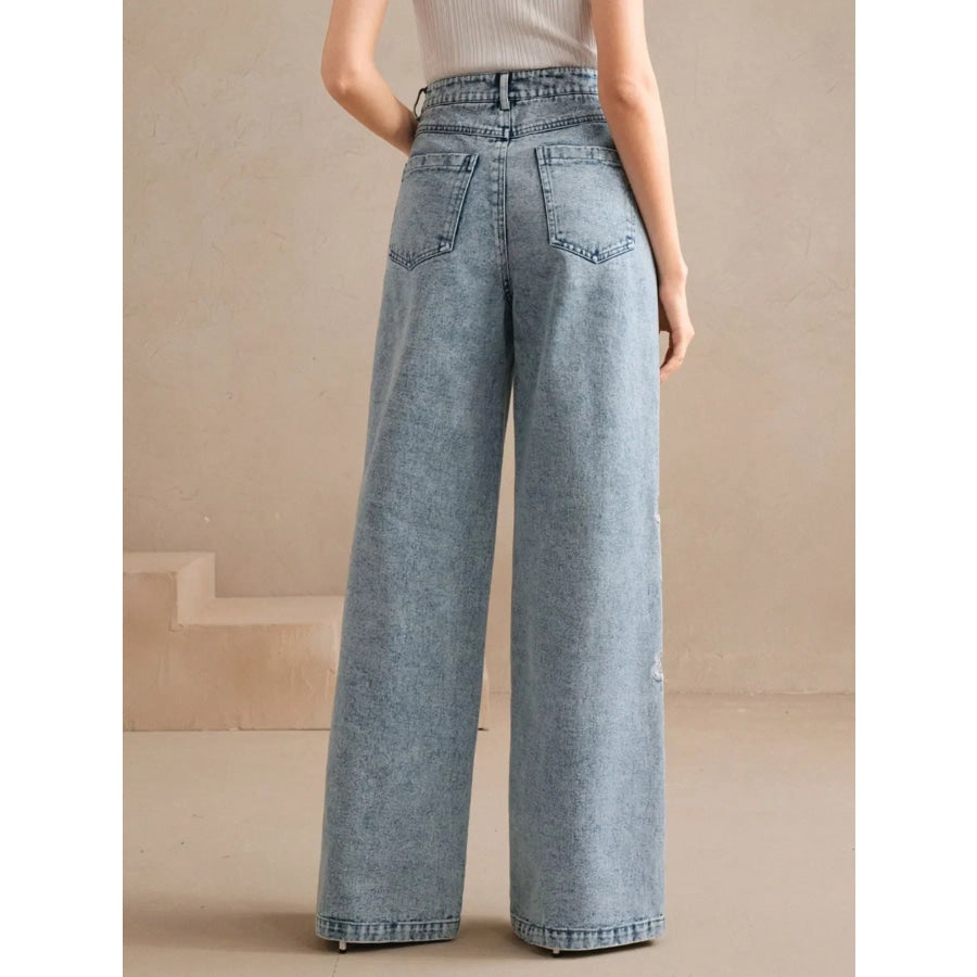 Embroidered Wide-Leg Jeans Apparel and Accessories