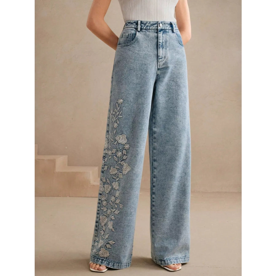 Embroidered Wide-Leg Jeans Blue / S Apparel and Accessories
