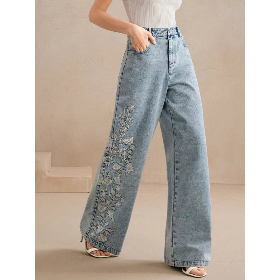 Embroidered Wide-Leg Jeans Blue / S Apparel and Accessories