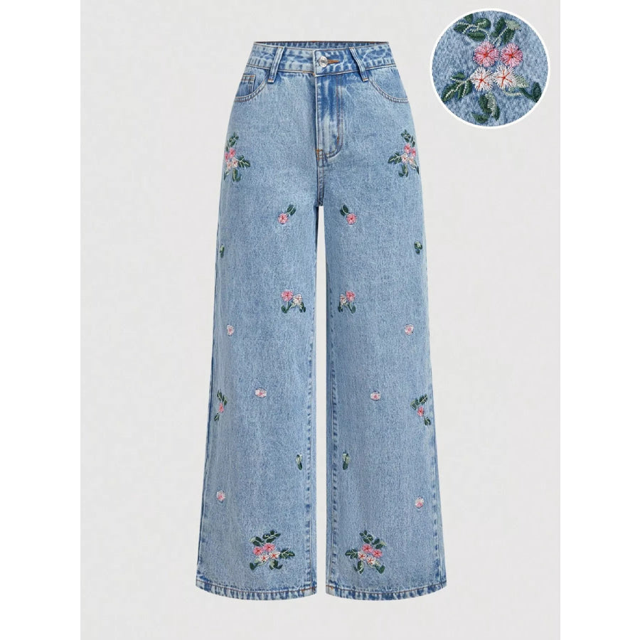 Embroidered Wide Leg Jeans Blue / XS Apparel and Accessories
