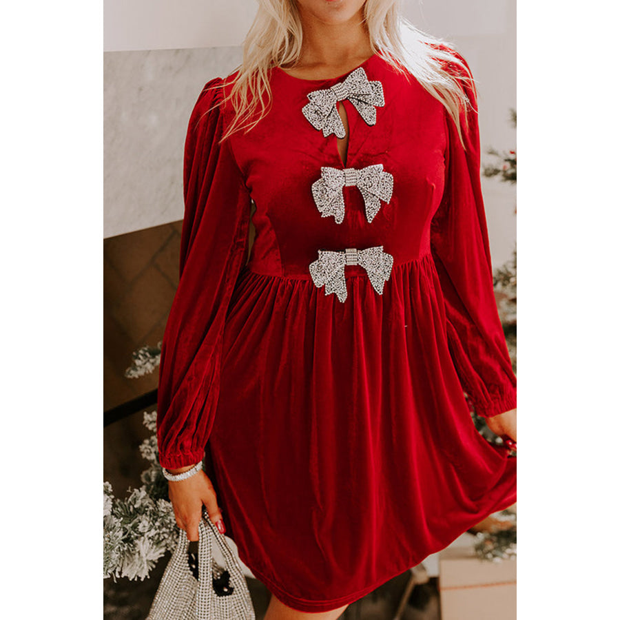 Evergreen Bowknot Decor High Waist Velvet Mini Dress Dresses/Mini Dresses