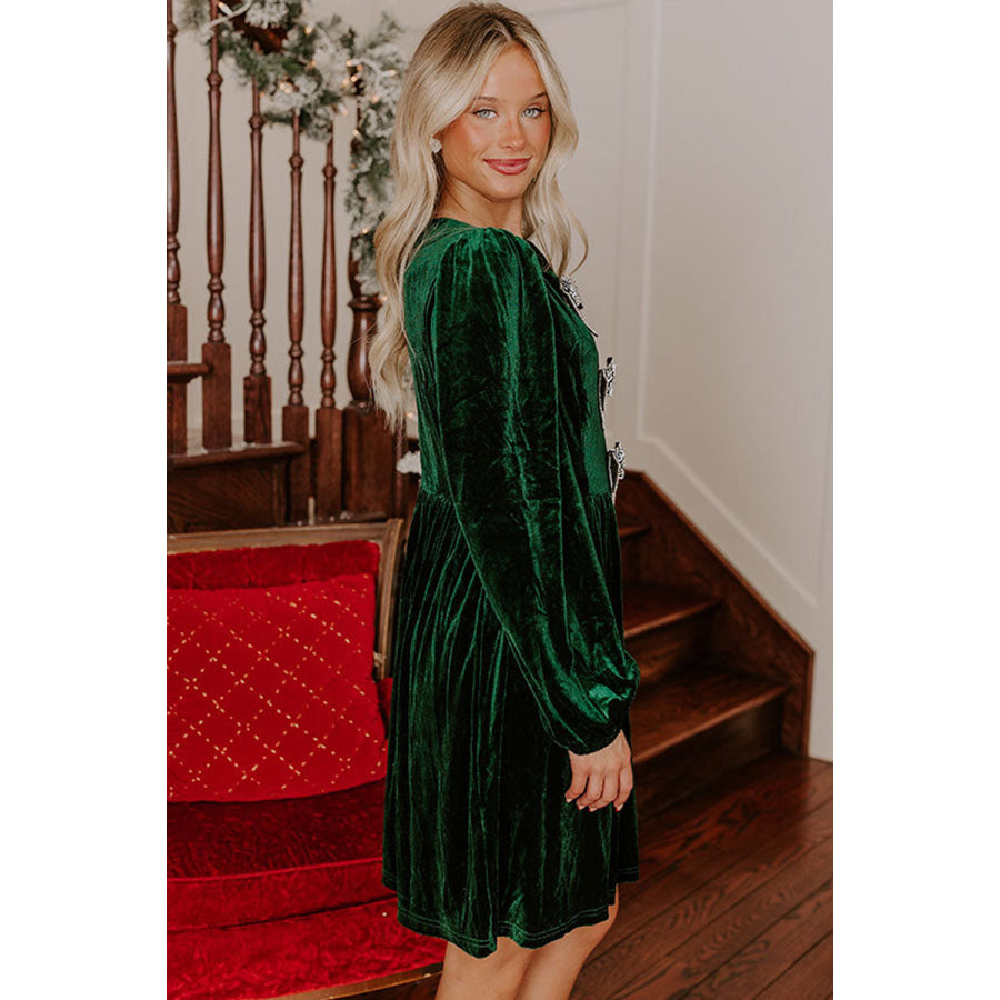 Evergreen Bowknot Decor High Waist Velvet Mini Dress Dresses/Mini Dresses