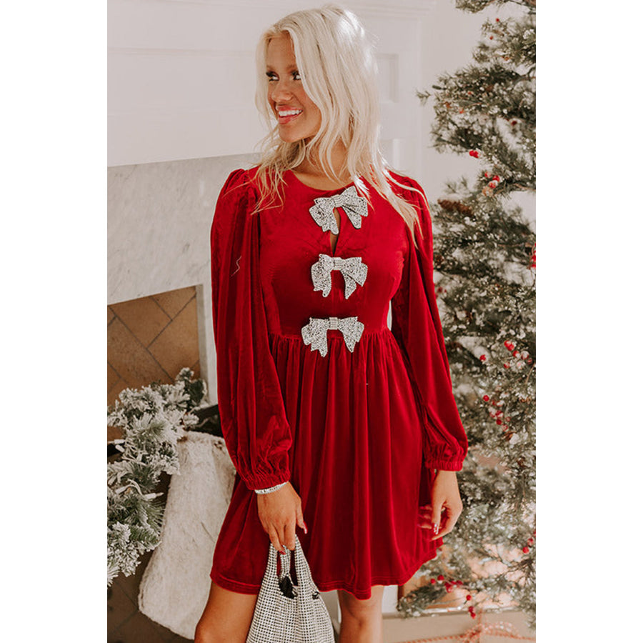 Evergreen Bowknot Decor High Waist Velvet Mini Dress Dresses/Mini Dresses
