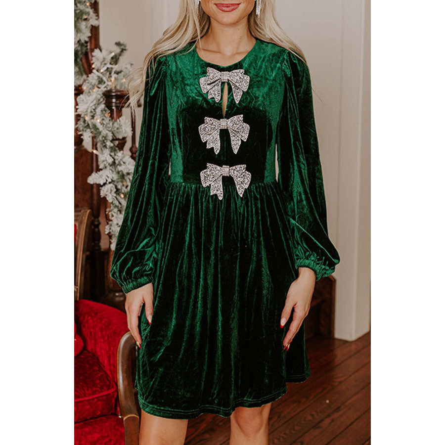 Evergreen Bowknot Decor High Waist Velvet Mini Dress Evergreen / S / 95% Polyester + 5% Elastane Dresses/Mini Dresses