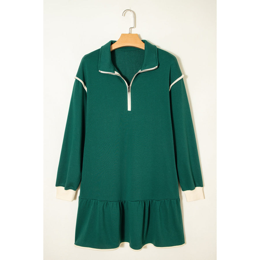 Evergreen Contrast Trim Zip Collar Long Sleeve Ruffle Hem Mini Dress Dresses/Mini Dresses