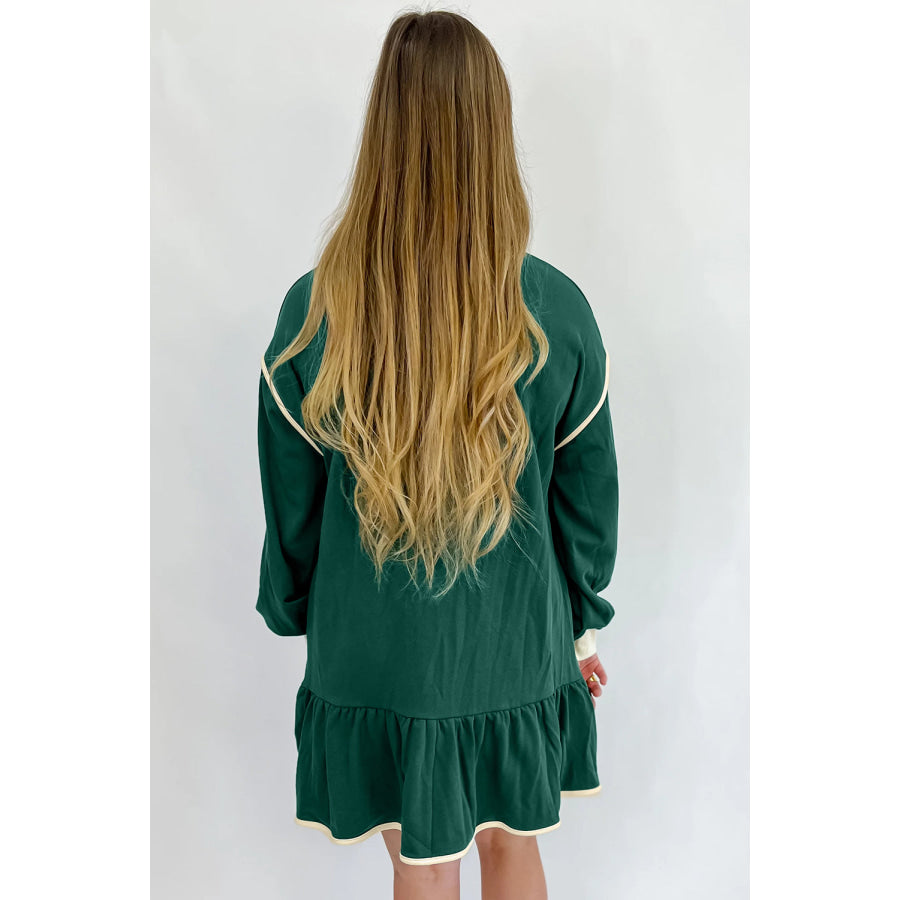 Evergreen Contrast Trim Zip Collar Long Sleeve Ruffle Hem Mini Dress Dresses/Mini Dresses