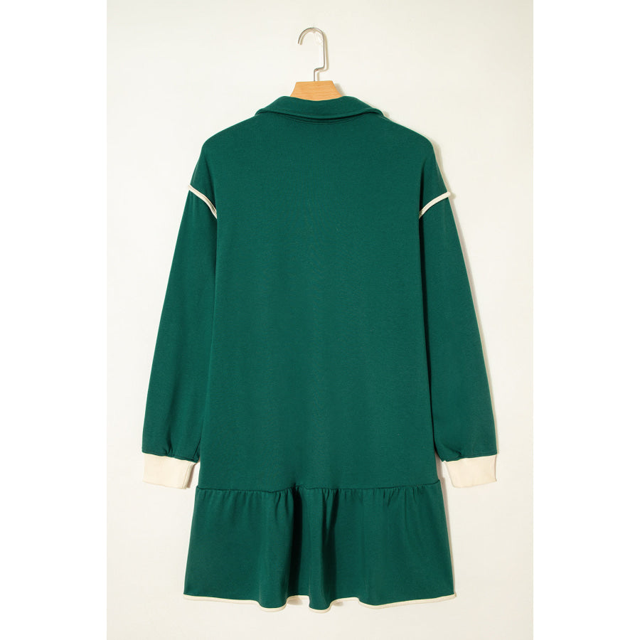 Evergreen Contrast Trim Zip Collar Long Sleeve Ruffle Hem Mini Dress Dresses/Mini Dresses