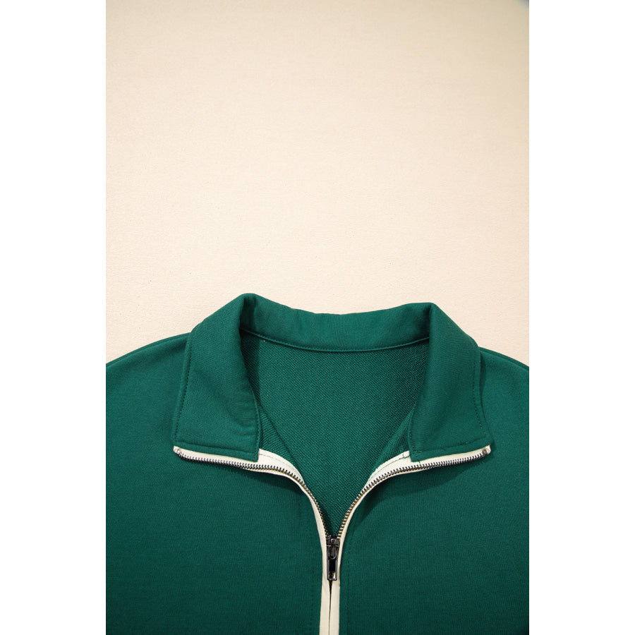 Evergreen Contrast Trim Zip Collar Long Sleeve Ruffle Hem Mini Dress Dresses/Mini Dresses