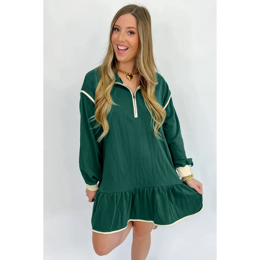 Evergreen Contrast Trim Zip Collar Long Sleeve Ruffle Hem Mini Dress Dresses/Mini Dresses