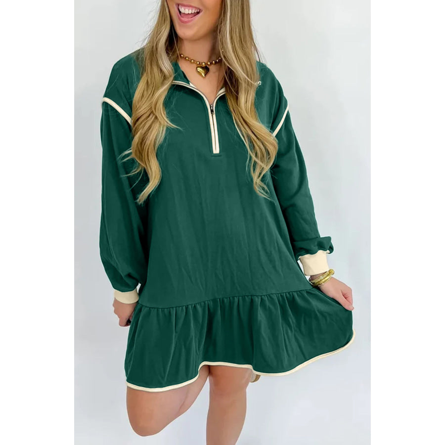 Evergreen Contrast Trim Zip Collar Long Sleeve Ruffle Hem Mini Dress Evergreen / S / 65% Polyester + 35% Cotton Dresses/Mini Dresses