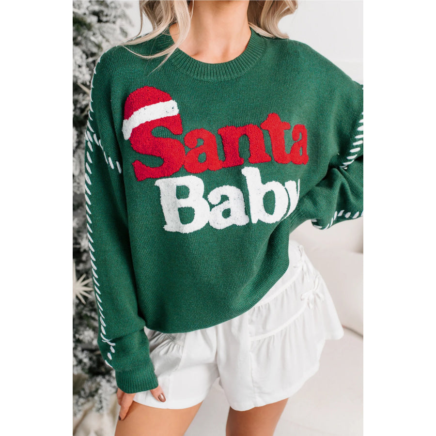 Evergreen Santa Baby Towel Embroidery Christmas Slogan Pullover Sweater / S / 52% Viscose + 26% Polyester + 22% Polyamide Sweaters &