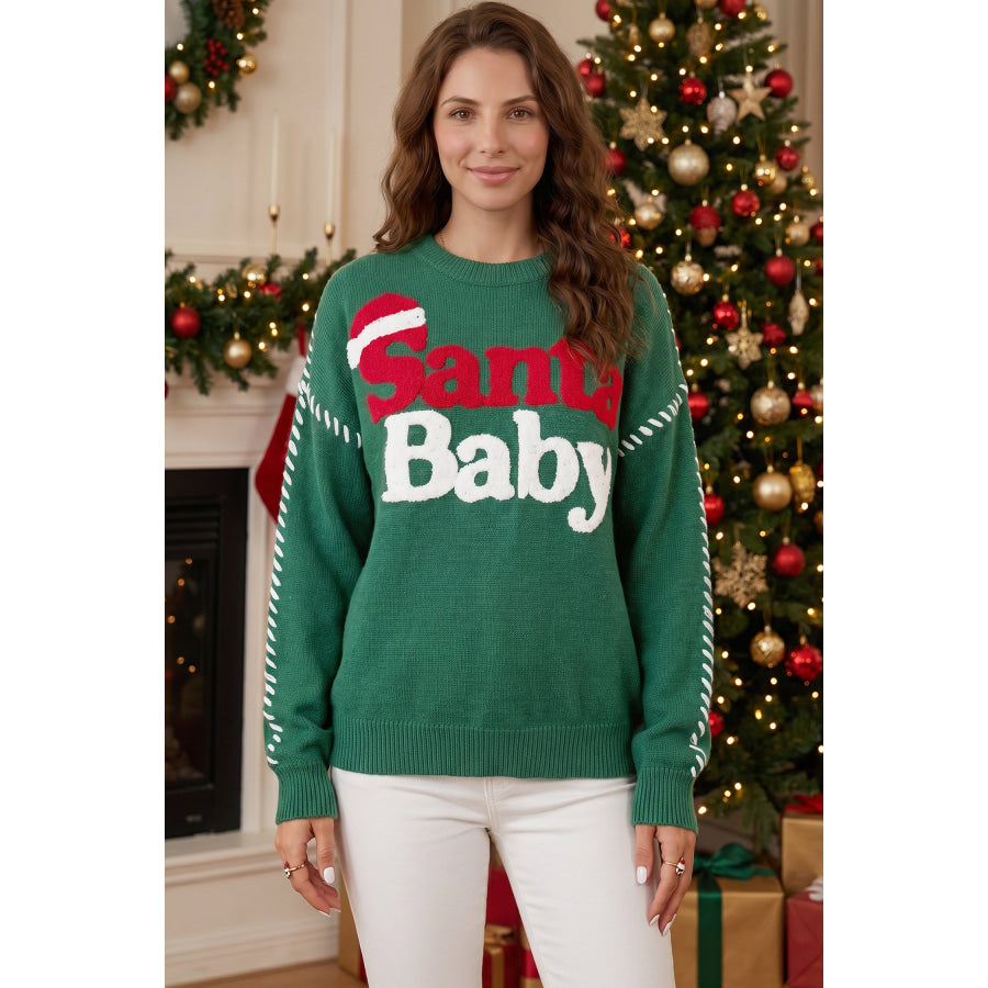 Evergreen Santa Baby Towel Embroidery Christmas Slogan Pullover Sweater Sweaters & Cardigans/Sweaters