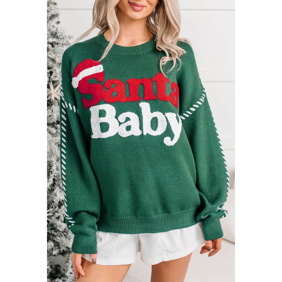 Evergreen Santa Baby Towel Embroidery Christmas Slogan Pullover Sweater Sweaters & Cardigans/Sweaters