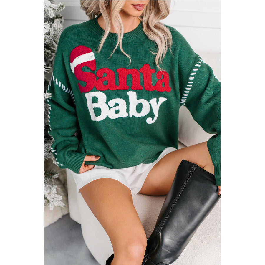 Evergreen Santa Baby Towel Embroidery Christmas Slogan Pullover Sweater Sweaters & Cardigans/Sweaters