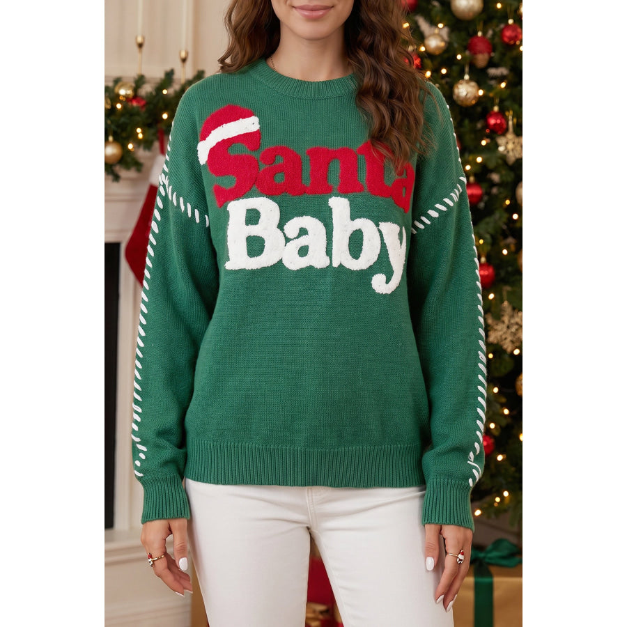 Evergreen Santa Baby Towel Embroidery Christmas Slogan Pullover Sweater Sweaters & Cardigans/Sweaters