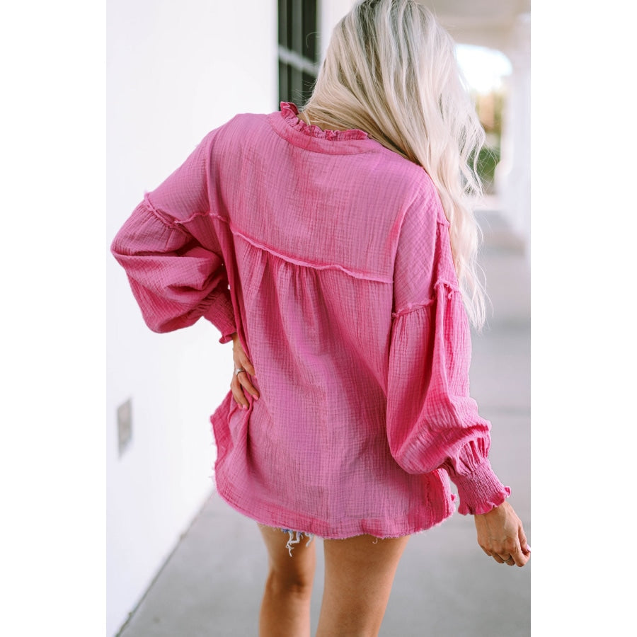 Exposed Seam Buttoned Notched Neck Blouse