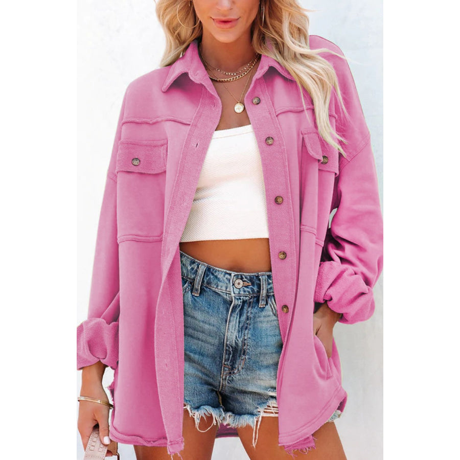 Exposed Seam Collared Neck Button Up Jacket Pink / S Apparel and Accessories