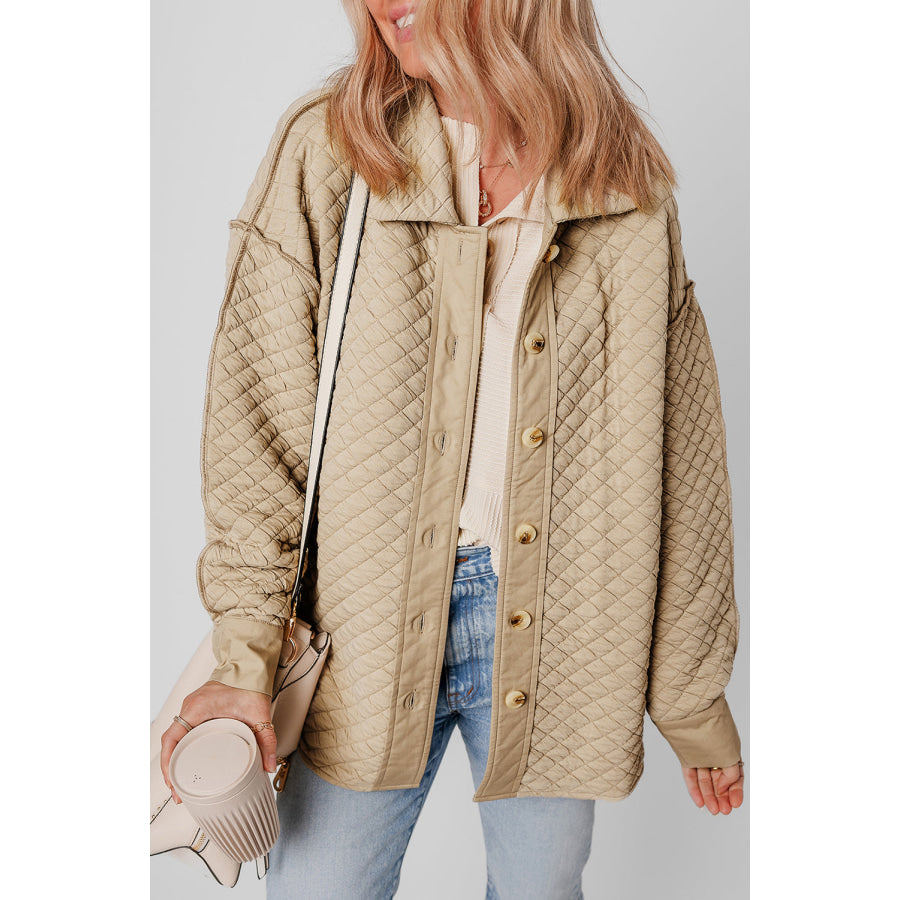 Exposed Seam Collared Neck Button Up Shacket Beige / S Apparel and Accessories