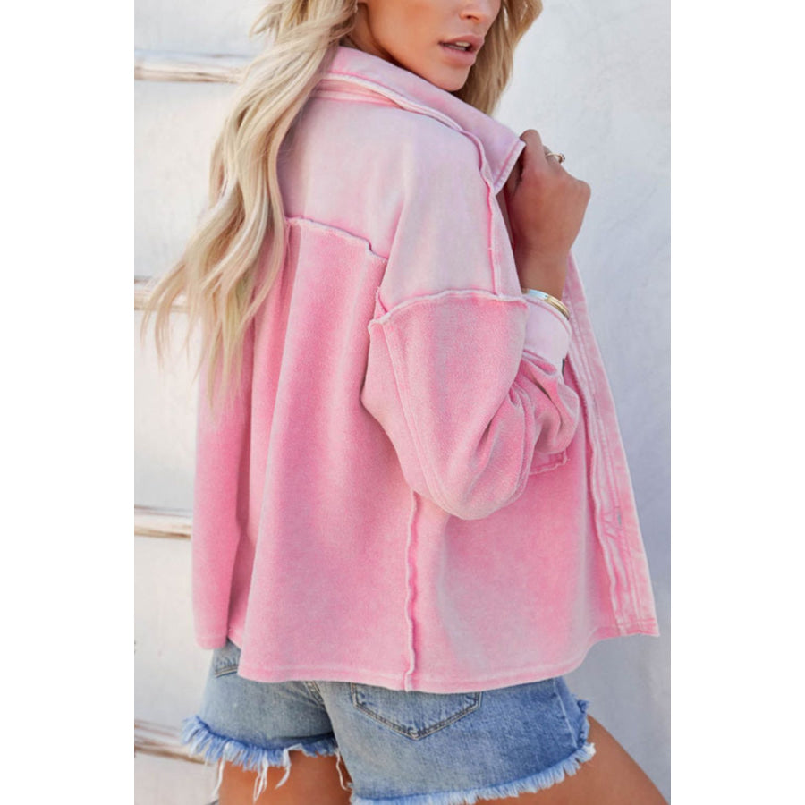 Exposed Seam Collared Neck Drop Shoulder Jacket Blush Pink / S Apparel and Accessories