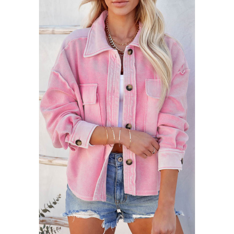 Exposed Seam Collared Neck Drop Shoulder Jacket Blush Pink / S Apparel and Accessories