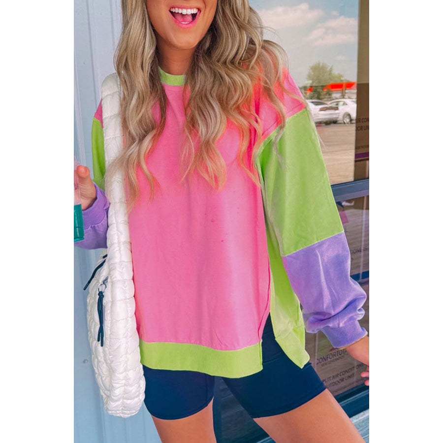 Exposed Seam Color Block Long Sleeve Sweatshirt Pink / S Apparel and Accessories