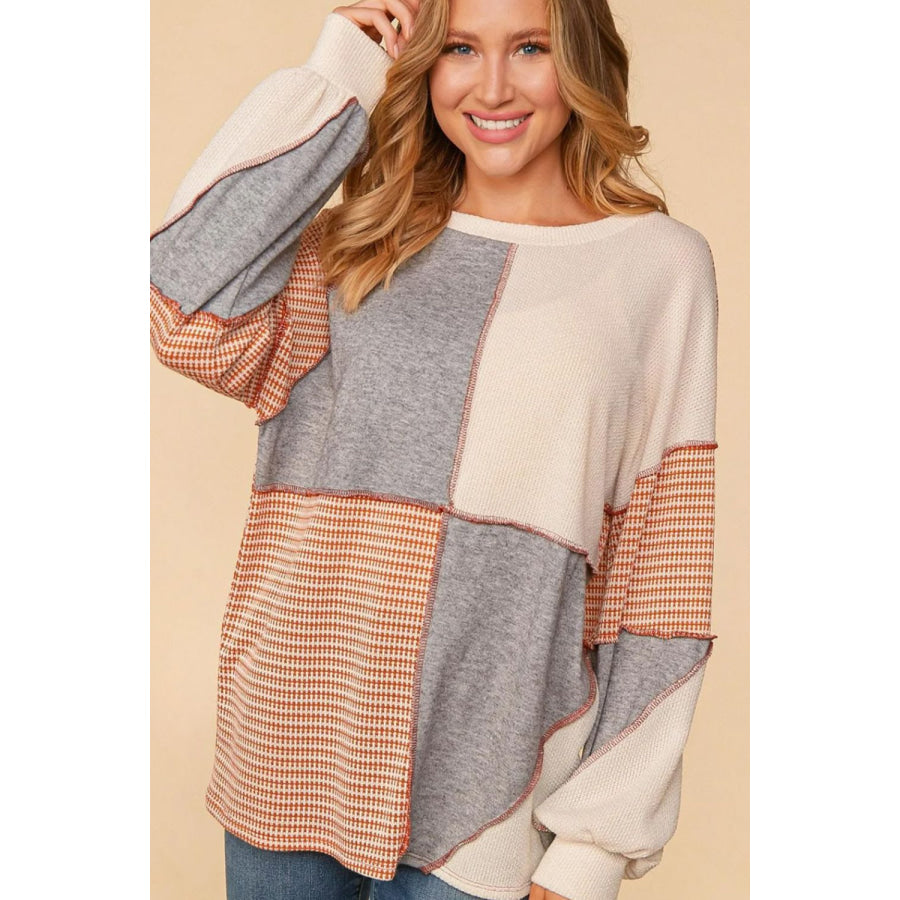 Exposed Seam Color Block Round Neck Top Apparel and Accessories