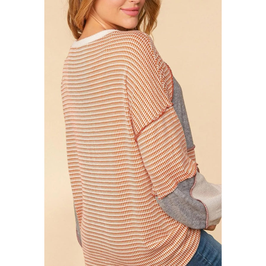 Exposed Seam Color Block Round Neck Top Apparel and Accessories