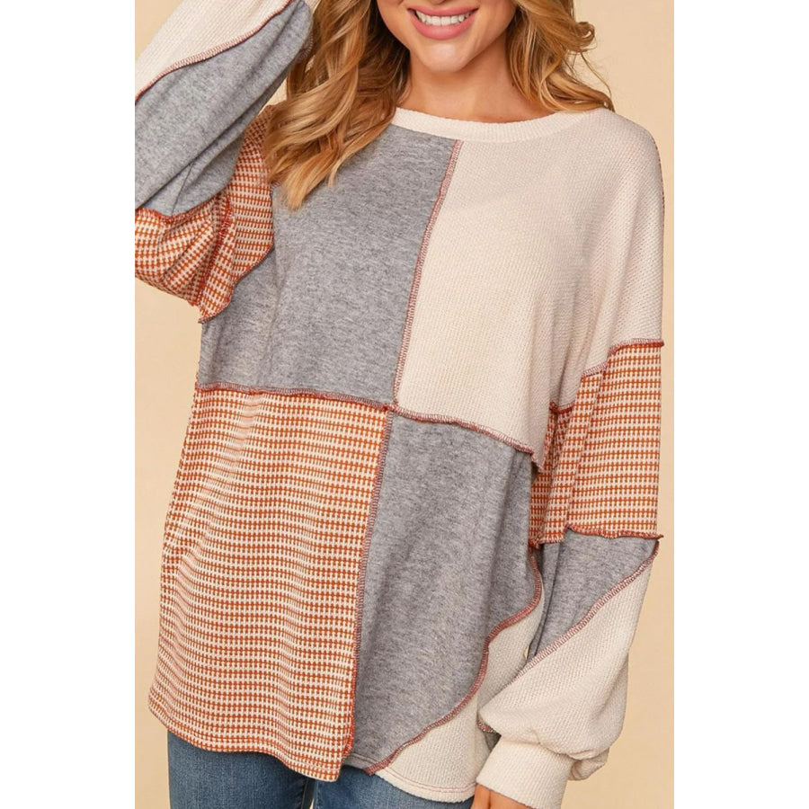 Exposed Seam Color Block Round Neck Top Gray / S Apparel and Accessories