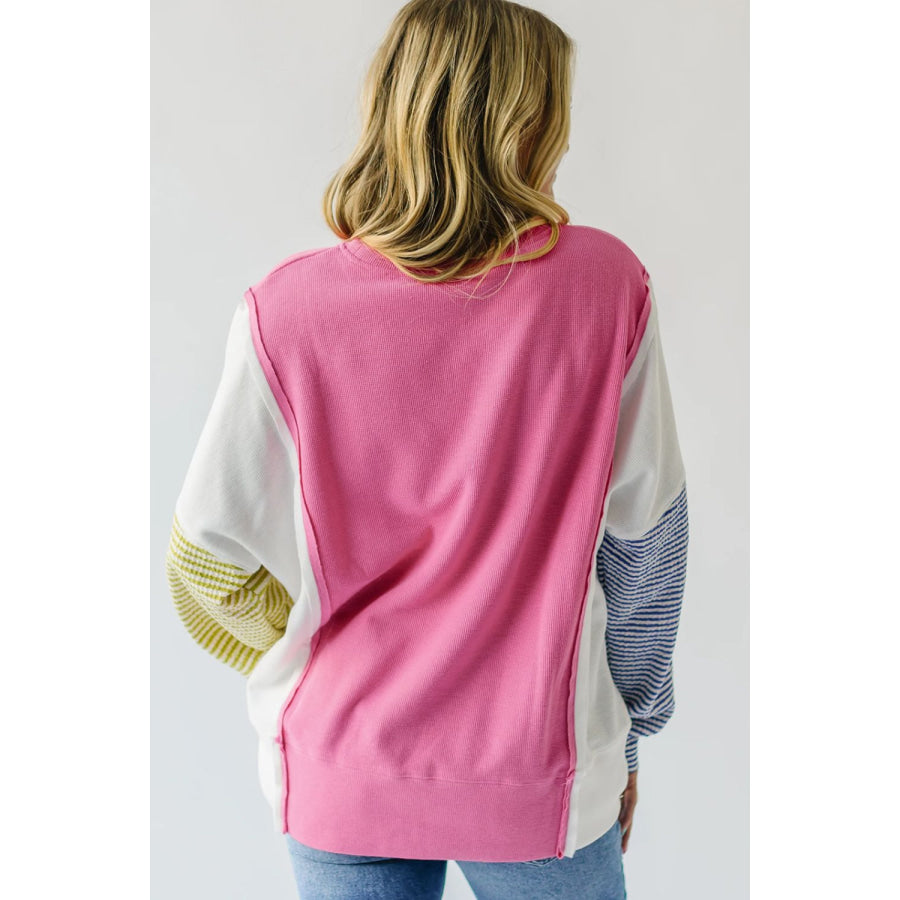 Exposed Seam Contrast Long Sleeve Sweatshirt Pink / S Apparel and Accessories