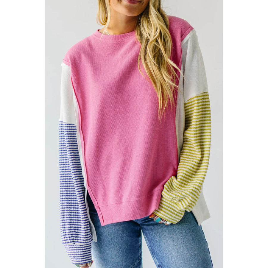 Exposed Seam Contrast Long Sleeve Sweatshirt Pink / S Apparel and Accessories