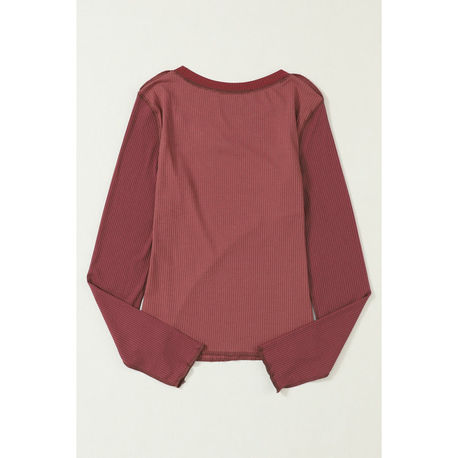 Exposed Seam Contrast Round Neck Long Sleeve T-Shirt Apparel and Accessories