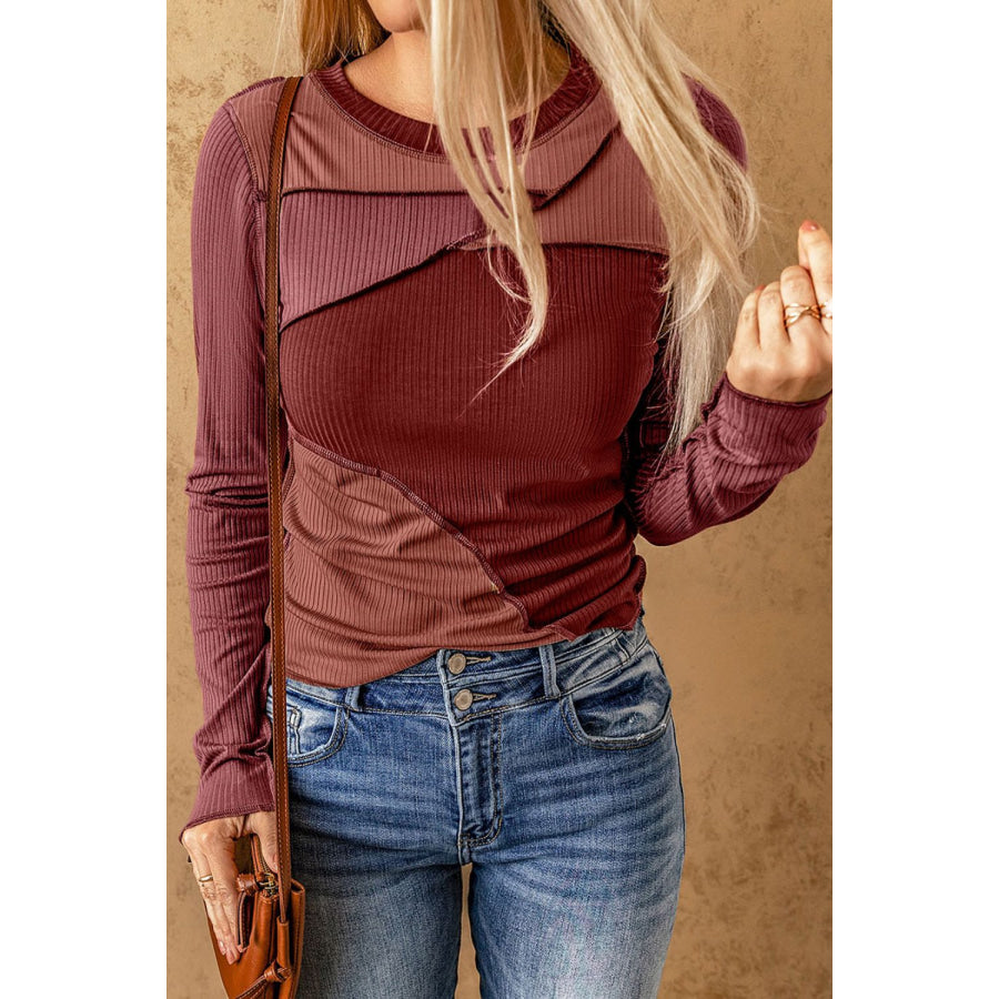 Exposed Seam Contrast Round Neck Long Sleeve T-Shirt Apparel and Accessories