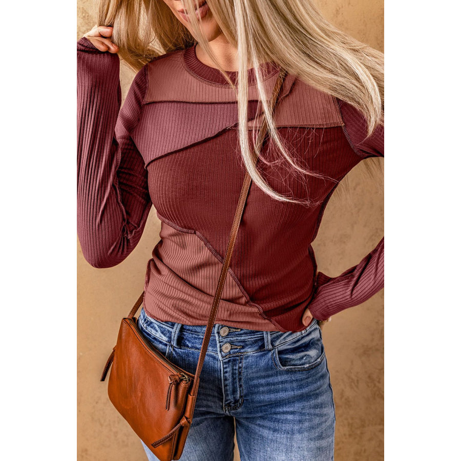 Exposed Seam Contrast Round Neck Long Sleeve T-Shirt Apparel and Accessories