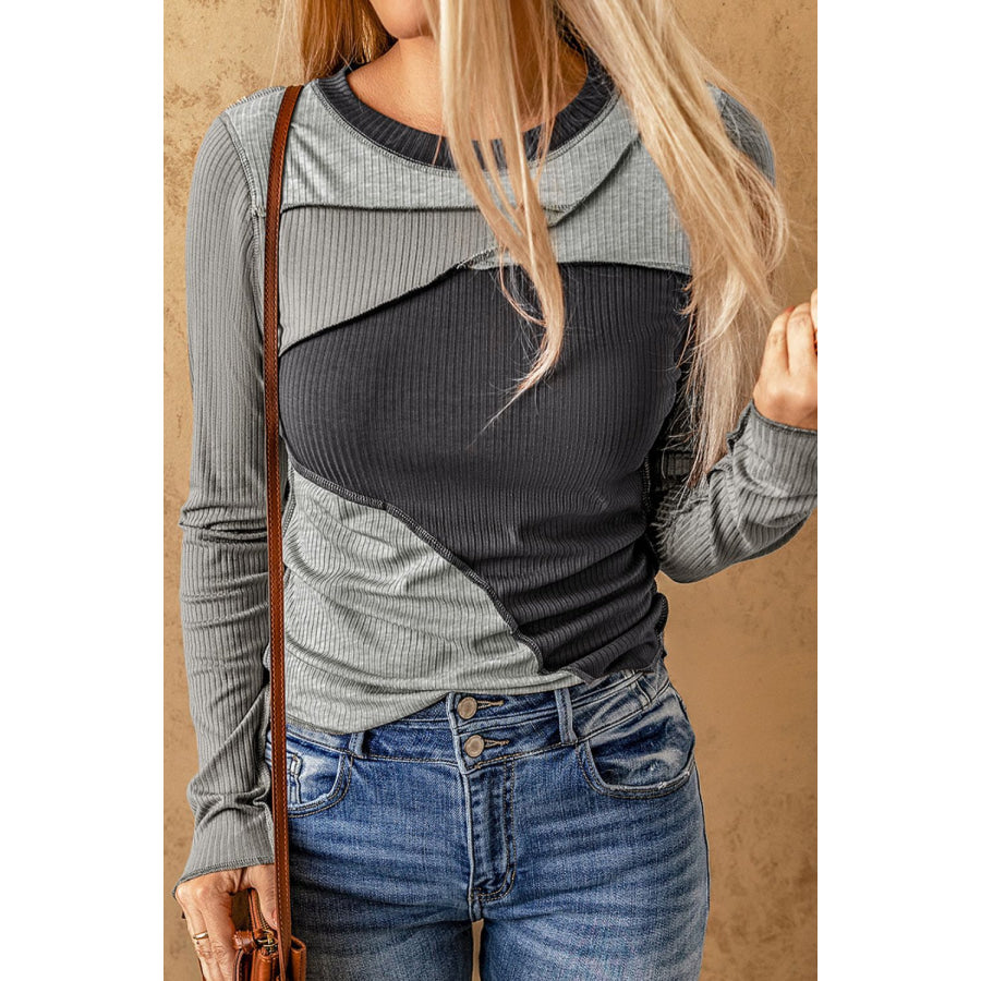 Exposed Seam Contrast Round Neck Long Sleeve T-Shirt Apparel and Accessories