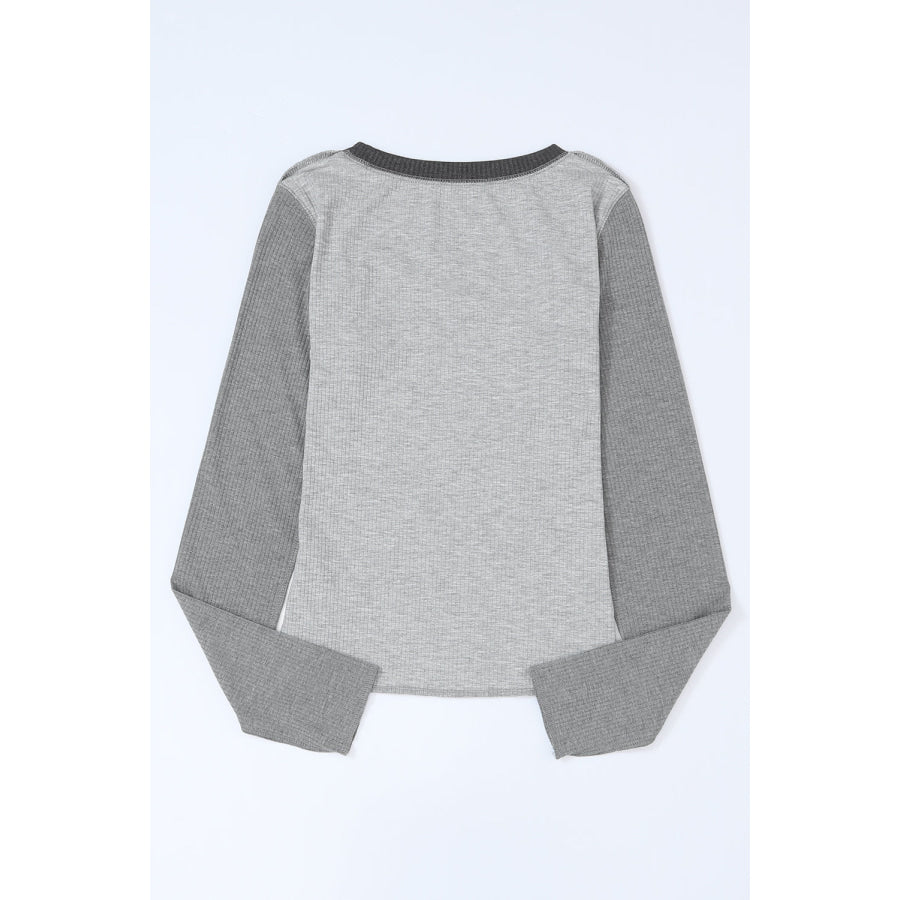 Exposed Seam Contrast Round Neck Long Sleeve T-Shirt Apparel and Accessories