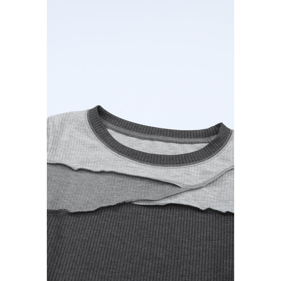 Exposed Seam Contrast Round Neck Long Sleeve T-Shirt Apparel and Accessories