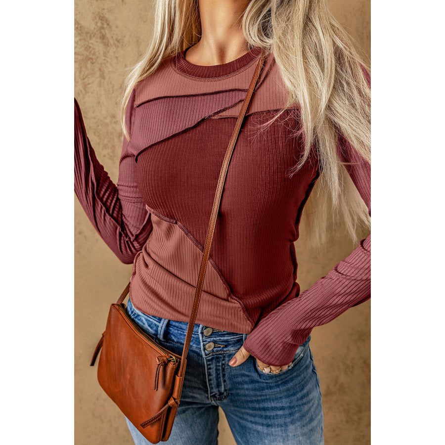 Exposed Seam Contrast Round Neck Long Sleeve T-Shirt Burgundy / S Apparel and Accessories