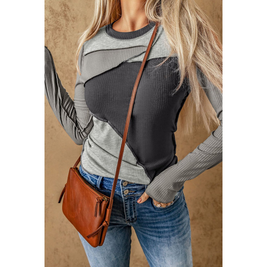 Exposed Seam Contrast Round Neck Long Sleeve T-Shirt Gray / S Apparel and Accessories