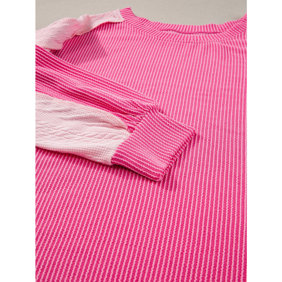 Exposed Seam Contrast Round Neck Sweatshirt Fuchsia Pink / S Apparel and Accessories