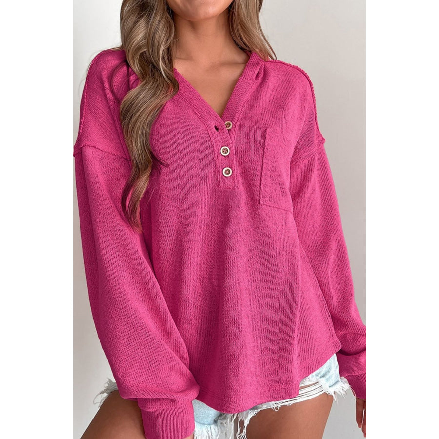 Exposed Seam Detail Henley Knit Hoodie Hot Pink / S Apparel and Accessories