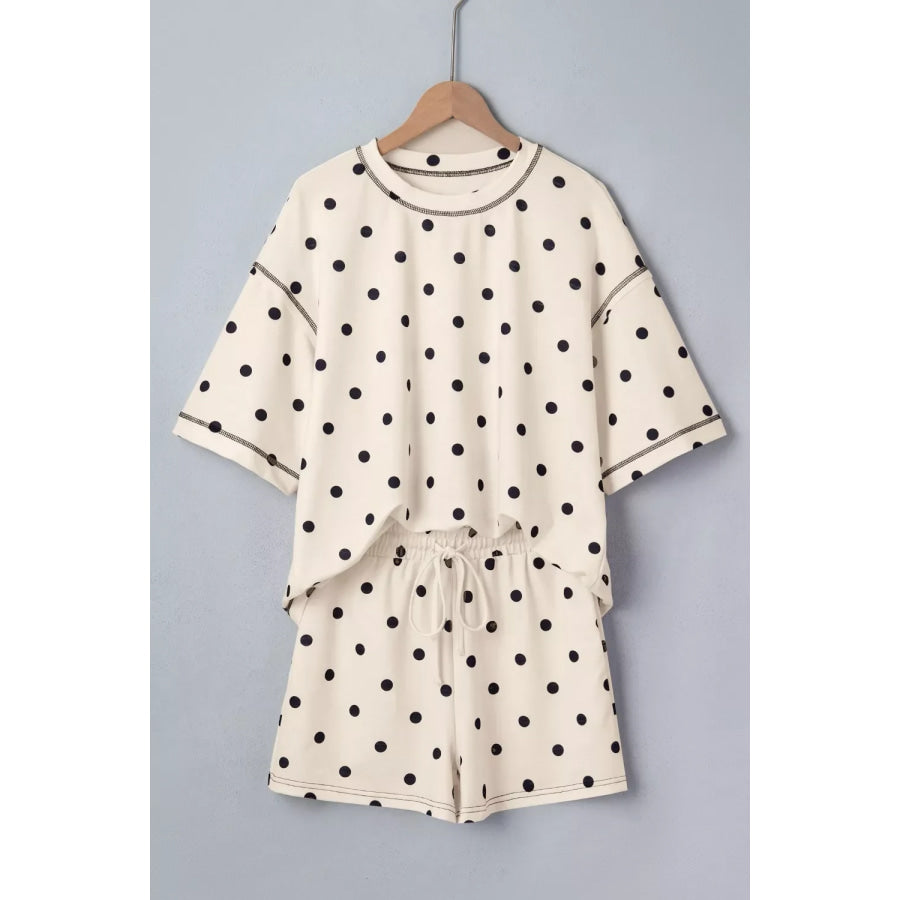 Exposed Seam Detail Polka Dot Loose Tee Drawstring Shorts Set Apparel and Accessories