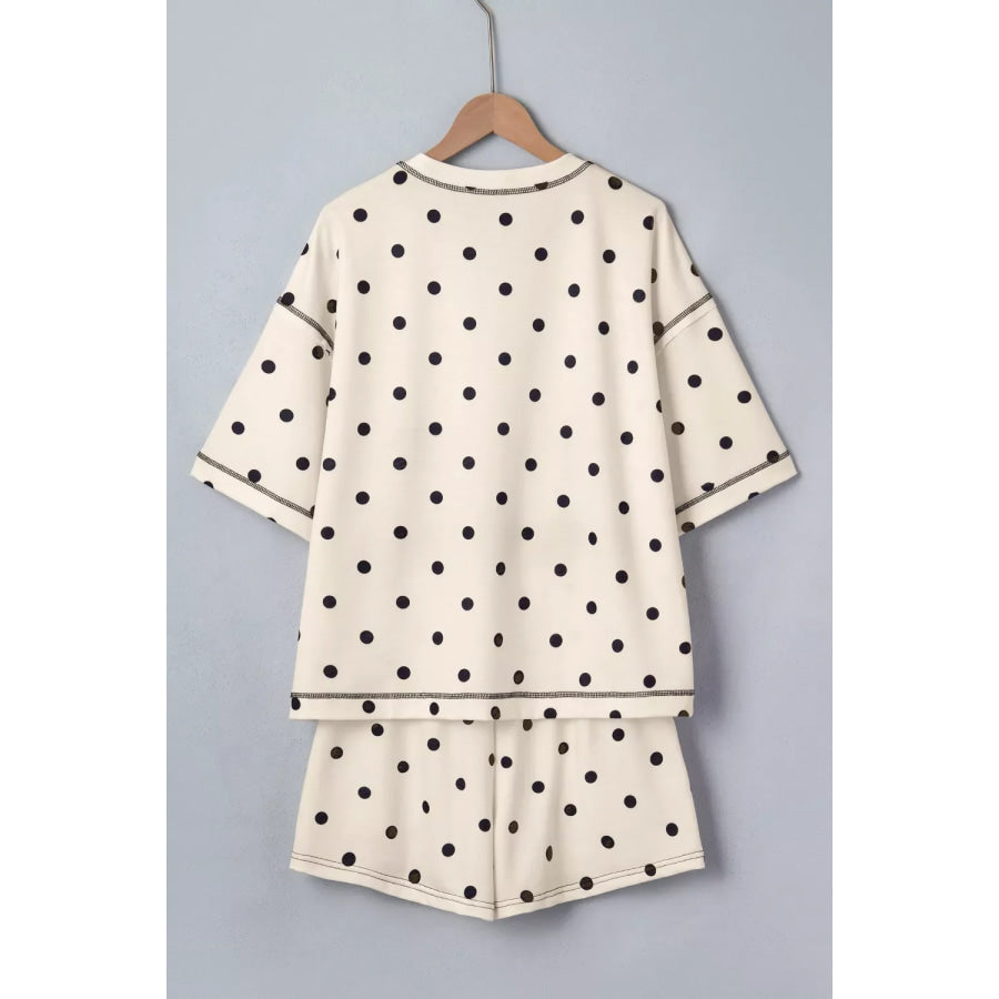 Exposed Seam Detail Polka Dot Loose Tee Drawstring Shorts Set Apparel and Accessories