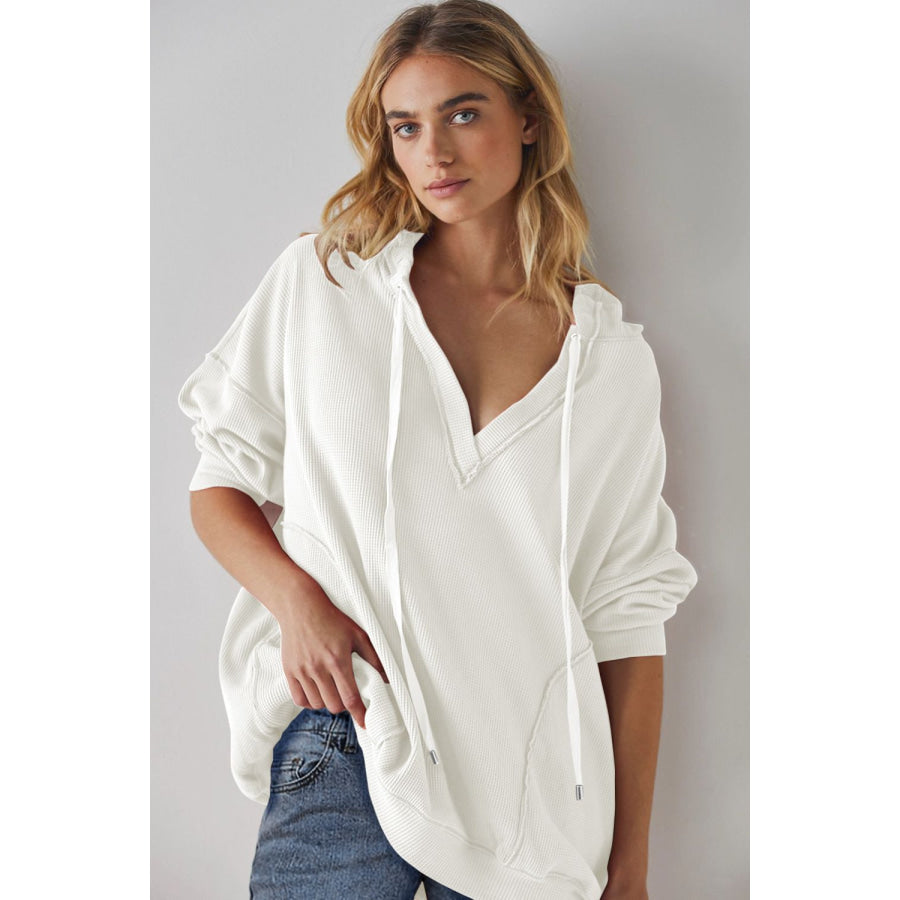 Exposed Seam Drawstring Long Sleeve Hoodie White / S Apparel and Accessories