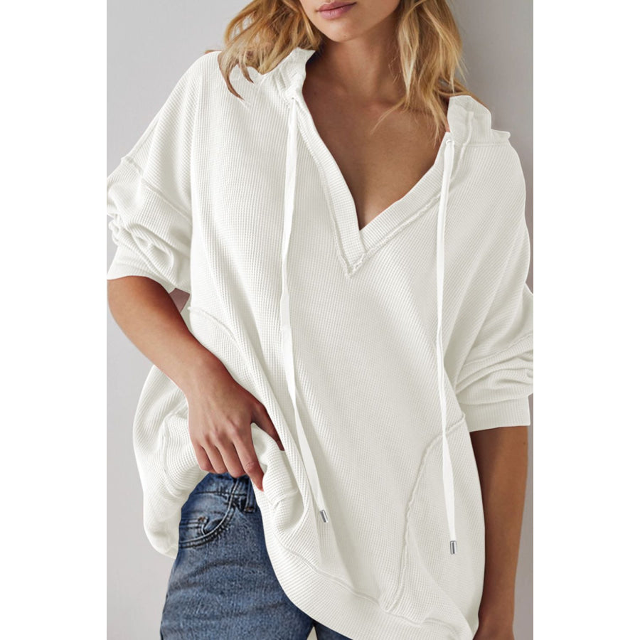 Exposed Seam Drawstring Long Sleeve Hoodie White / S Apparel and Accessories