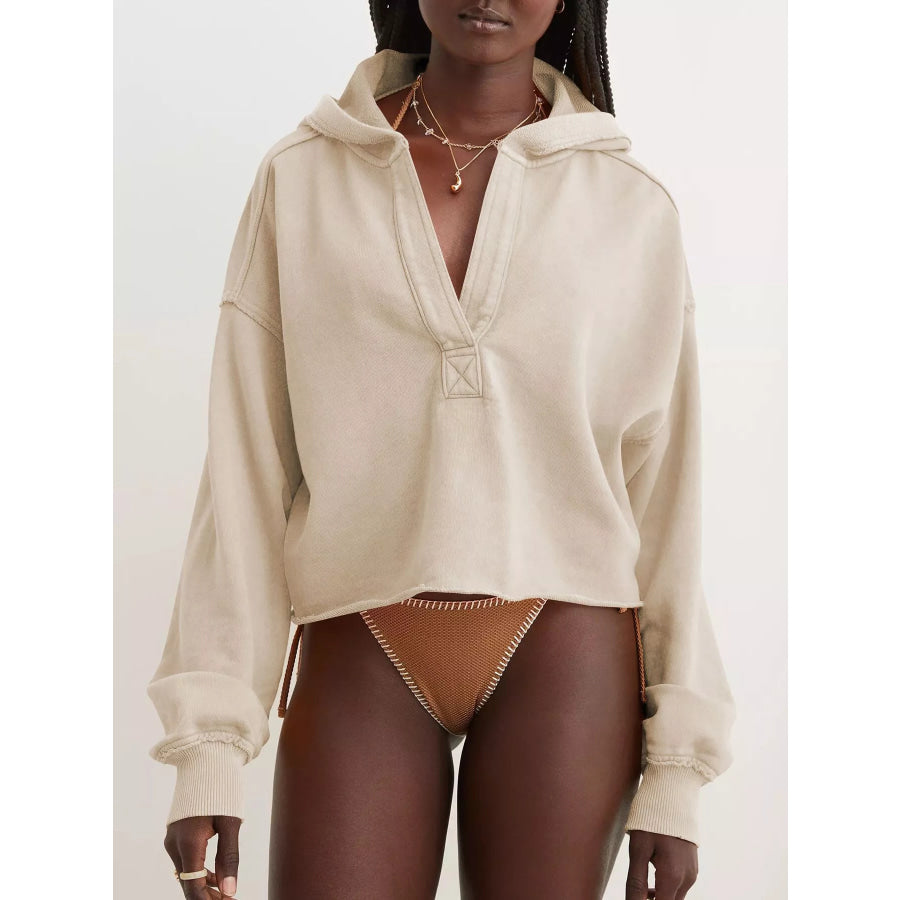 Exposed Seam Dropped Shoulder Hoodie Apricot / S Apparel and Accessories