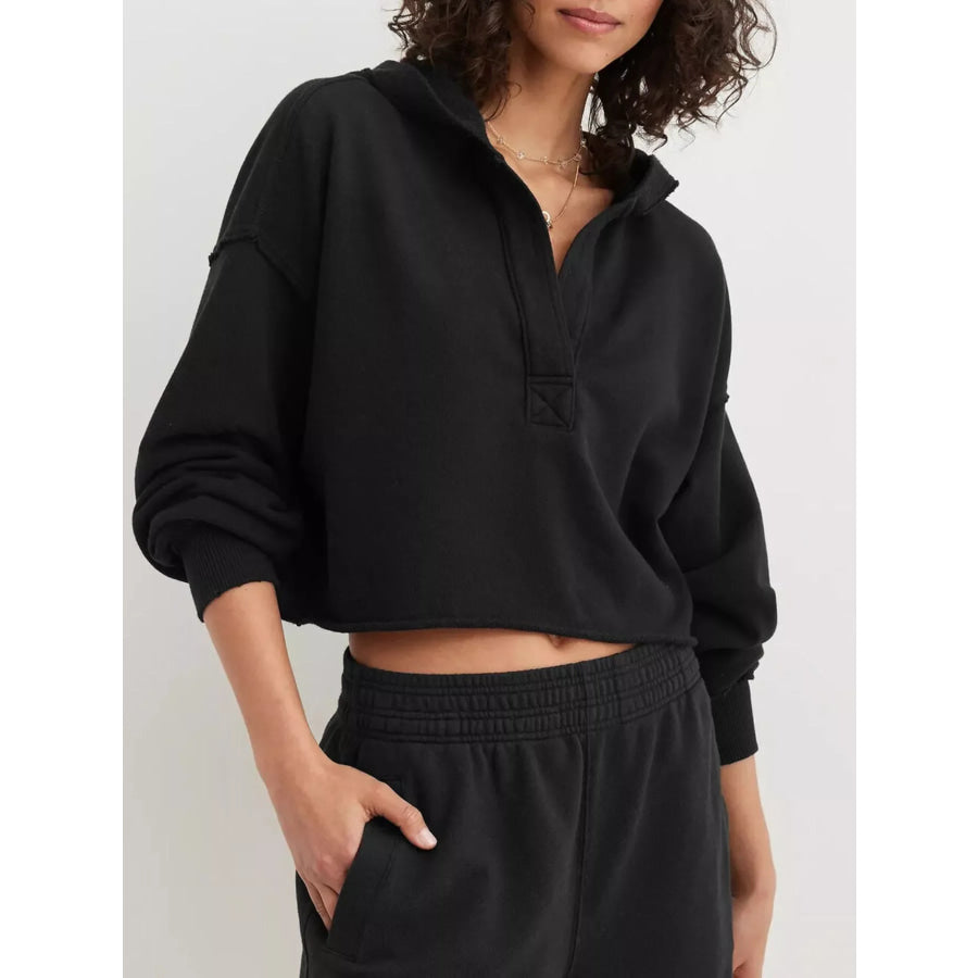 Exposed Seam Dropped Shoulder Hoodie Black / S Apparel and Accessories