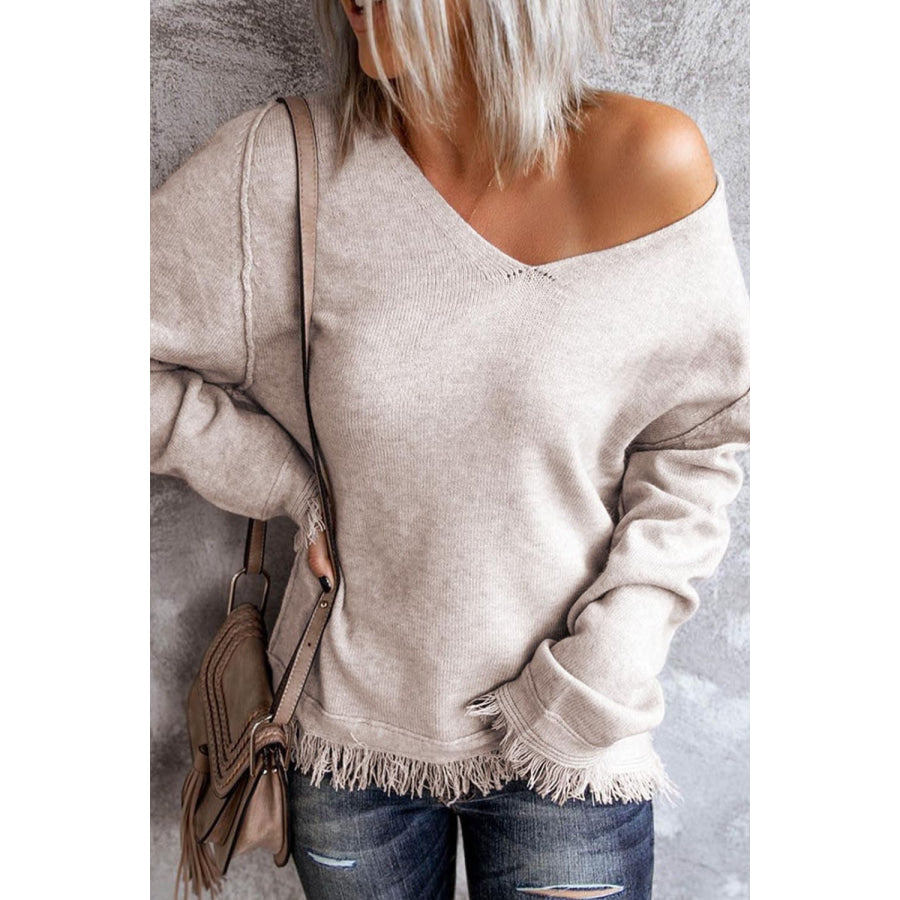 Exposed Seam Fringe Hem V-Neck Long Sleeve Sweater Apparel and Accessories