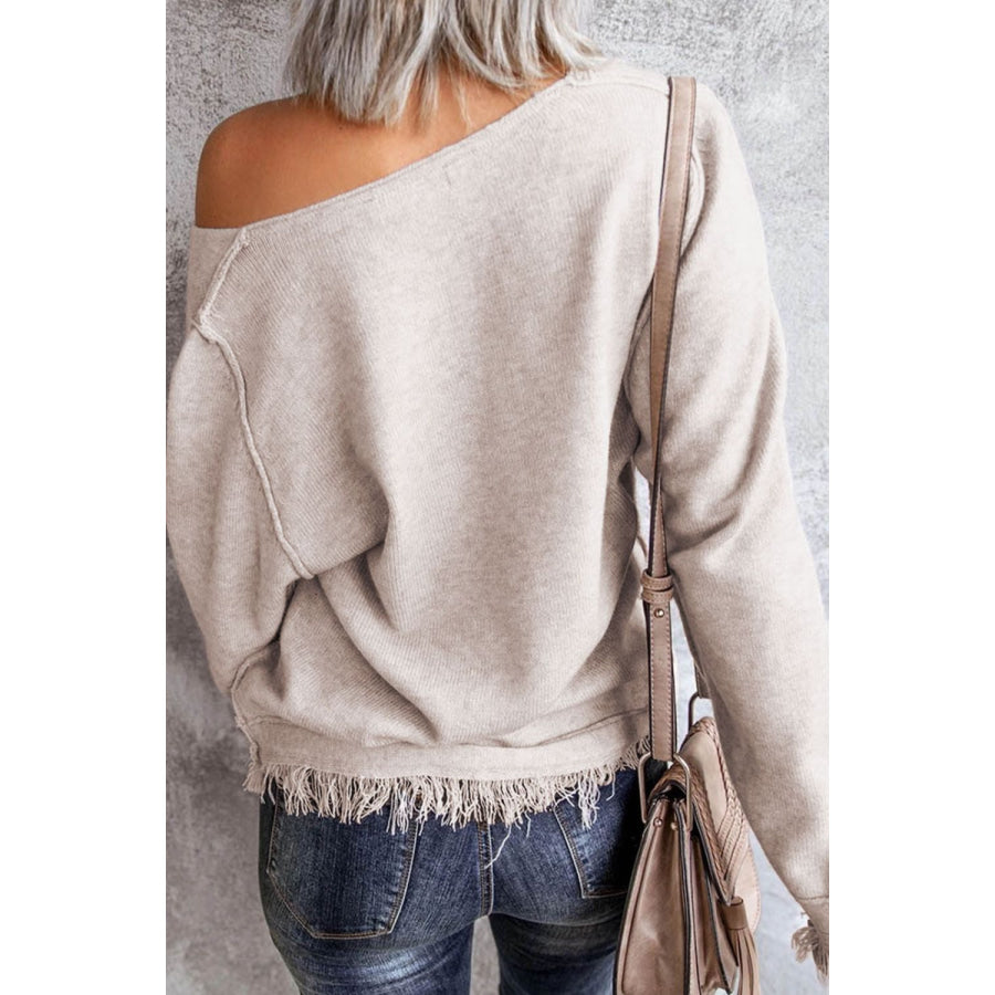 Exposed Seam Fringe Hem V-Neck Long Sleeve Sweater Apparel and Accessories